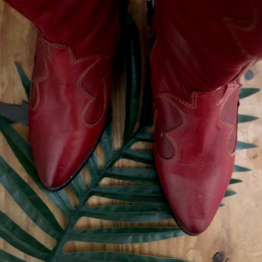Red Cowboy Boots w/ Embroidered Roses - Picture 3 of 4